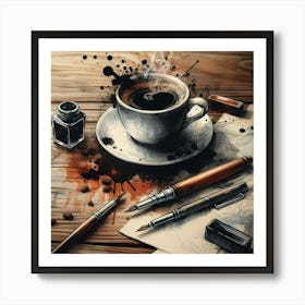 Coffee Cup And Pens Art Print