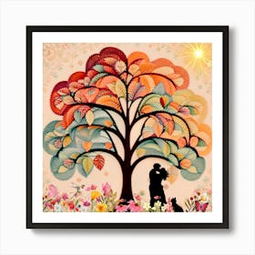 Couple And A Cat Under A Tree Art Print