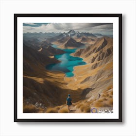 looking over the mountains at a lake Art Print