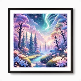 A Fantasy Forest With Twinkling Stars In Pastel Tone Square Composition 67 Art Print