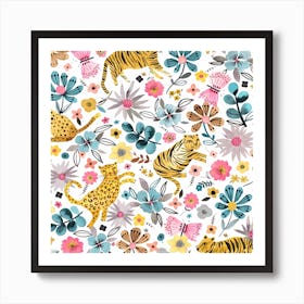 Spring Tigers Flowers Pink Blue Square Art Print