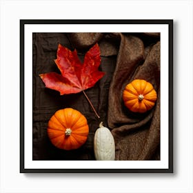 Autumnal Still Life Digital Painting Featuring Maple Leaf And Squash Placed Against Fabric Simulatin (4) Art Print