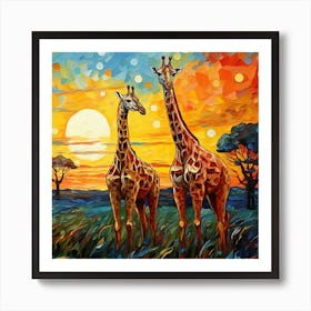 Giraffes At Sunset Art Print