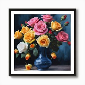 Pastel Rose Bouquet in Blue Vase Art Print