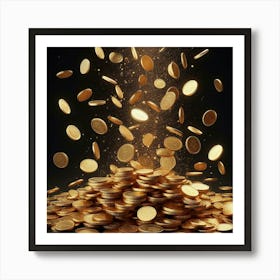 Golden Coins Falling from the Sky and Creating a Pile of Money on a Black Background Art Print