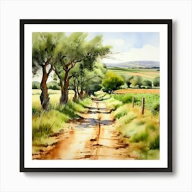 Watercolor Country Path Tall Olive Green Trees Lining The Country Path Landscape Abstract Art Print