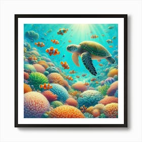 Underwater scene with sea turtle and clownfish Art Print