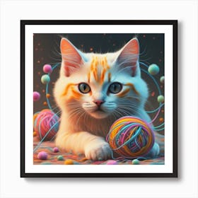 Cat With Balls Of Yarn Art Print