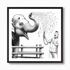 Man Watering An Elephant Art Print