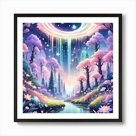 A Fantasy Forest With Twinkling Stars In Pastel Tone Square Composition 167 Art Print