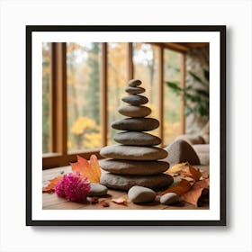 A Pyramid Of Rocks Sits On A Wooden Table Surrounded By Fallen Leaves, Flowers, And A Chair In A Cozy Natural Indoor Setting Art Print