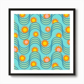 RISE AND SHINE Rising Sun Wavy Retro Mid-Century Modern Geometric Stripes in Blue Green Pink Orange Yellow on Turquoise Art Print