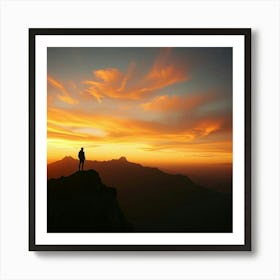 Sunset Man Standing On Top Of Mountain Art Print