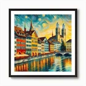 Zurich's old town of Switzerland, with Grossmunster Church, colorful buildings, river, painting art Art Print