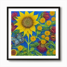 Sunflowers And Butterflies 25 Art Print