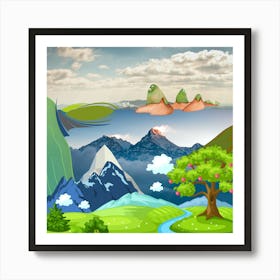 Landscape With Mountains And Trees, scenery of high mountain with lake and high peak, natural art Art Print