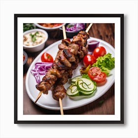 Kebabs On Skewers With Salad And Vegetables Art Print