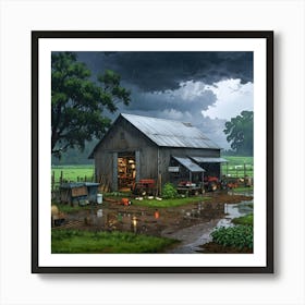 Barn In The Rain 1 Art Print