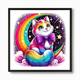 Rainbow Cat On The Moon With Stars Art Print