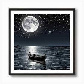 Serene Boat Scene With Moon On Beach Art Print (1) Art Print