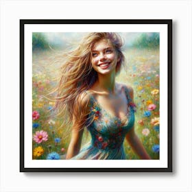 Girl In A Flower Field 1 Art Print