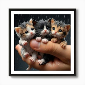 Three Kittens In The Rain Art Print