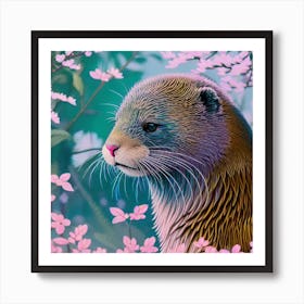 Otter In cherry blossoms pastels Art Print