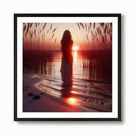 Woman Standing In Water At Sunset Art Print