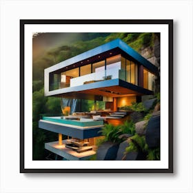 Modern House On The Edge Of A Waterfall Art Print