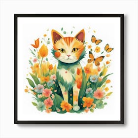 Cat In Flowers Art Print