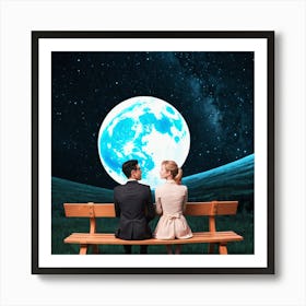 Couple Looking At The Moon Art Print