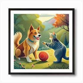 Dog And Cat Playing Ball Art Print