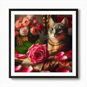 Cat With Roses Art Print