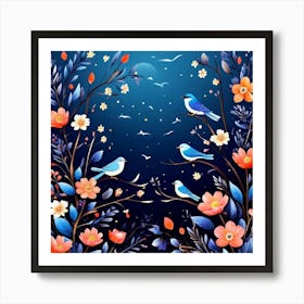 A Bright Toned Design With Flowers And Leaves Trees And Birds A Beautiful And Simple Picture Blue Birds And Flowers Art Print