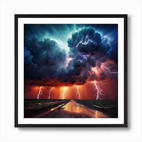 Lightning Over A Road Art Print