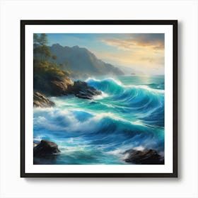 Imagination Ocean Scene, Waves on Rocks, Seascape Art Print