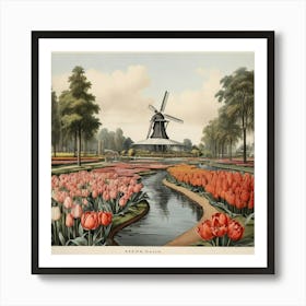 Tulips And Windmill Art Print