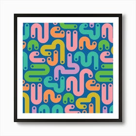 JELLY BEANS Squiggly New Wave Postmodern Abstract 1980s Geometric with Dots in Bright Summer Colors on Royal Blue Art Print