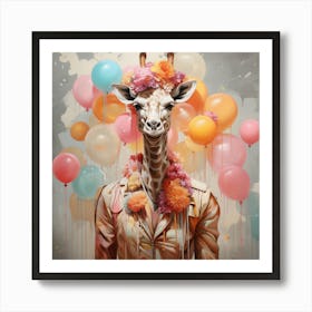 portrait Giraffe With Balloons Art Print