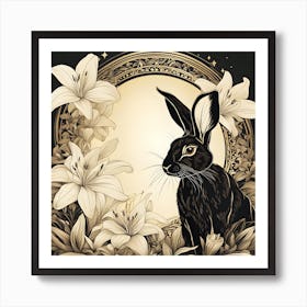 Black Rabbit And White Lillies With Border Art Print