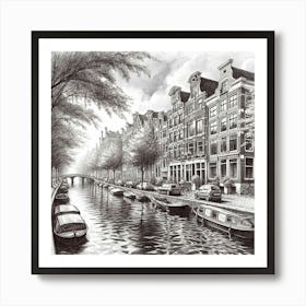 A Serene Amsterdam Canal Scene Captured In A Realistic Pen And Ink Drawing, Style Realism 3 Art Print