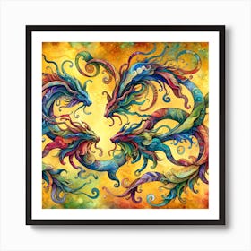 Dragons Watercolor Mythical Creatures Wall Art  Art Print