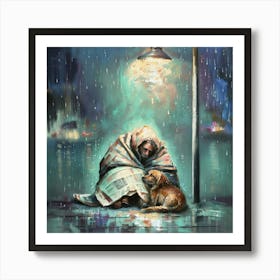 Poignant Oil Painting Scene Where A Homeless Man Finds Refuge From The Relentless Rain Art Print