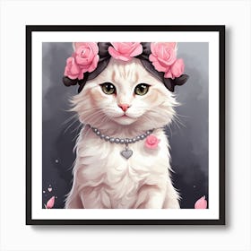 Cat With Roses Art Print