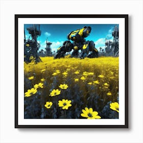 Robot In A Field Of Yellow Flowers 4 Art Print