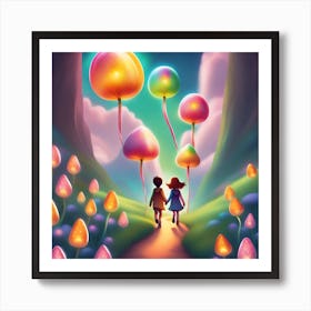 Two Children Walking Through A Forest Art Print