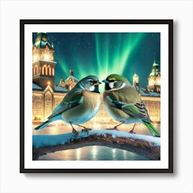 Firefly A Modern Illustration Of 2 Beautiful Sparrows Together In Neutral Colors Of Taupe, Gray, Tan (75) Art Print