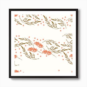 Golden Florals On White Pattern Square Art Print