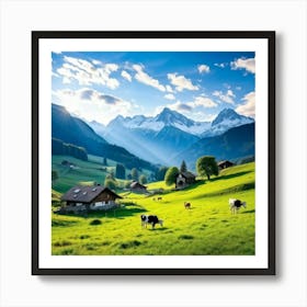 Alpine Pastoral Landscape Cows Grazing On Lush Green Slopes Snow Capped Mountains In The Distance (2) Art Print