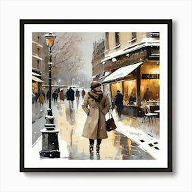 Paris cafes, winter season, Christmas, pale colors, pedestrians in the street, winter clothes, falling snow.4 Art Print